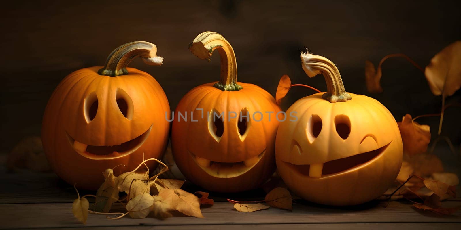 Three small jack-o-lantern pumpkins with one tooth, a Halloween image. Atmosphere of darkness and fear.