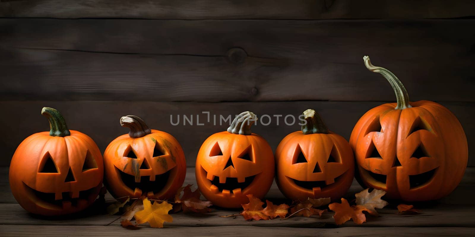 Jack-o-lantern pumpkins on wooden boards in the background, banner with space for your own content. Blank space for the inscription.