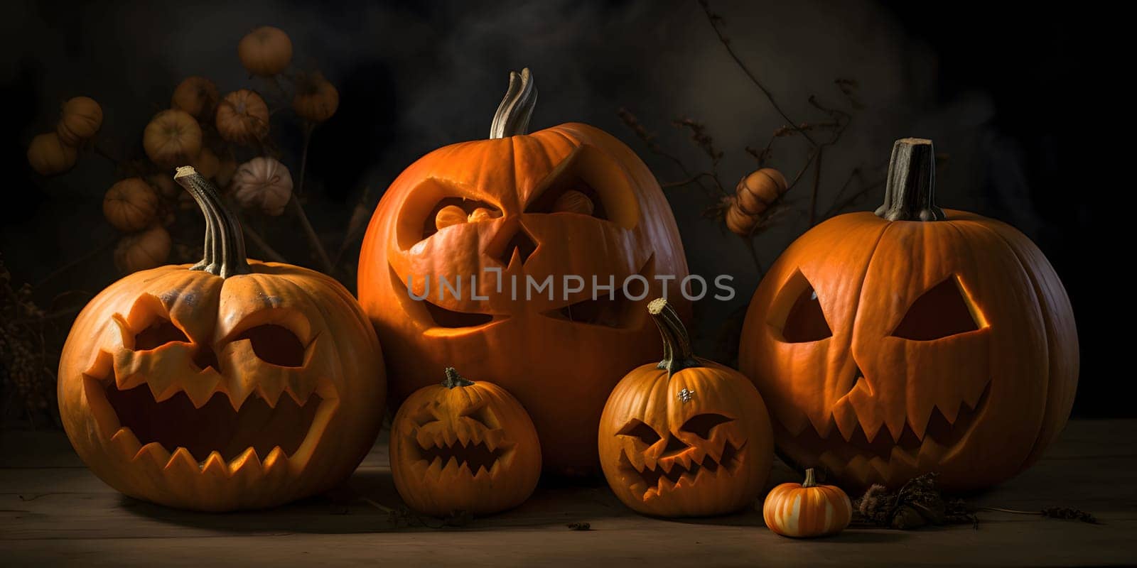 Elegantly arranged different sizes of jack-o-lantern pumpkins on a dark background, a Halloween image. by ThemesS