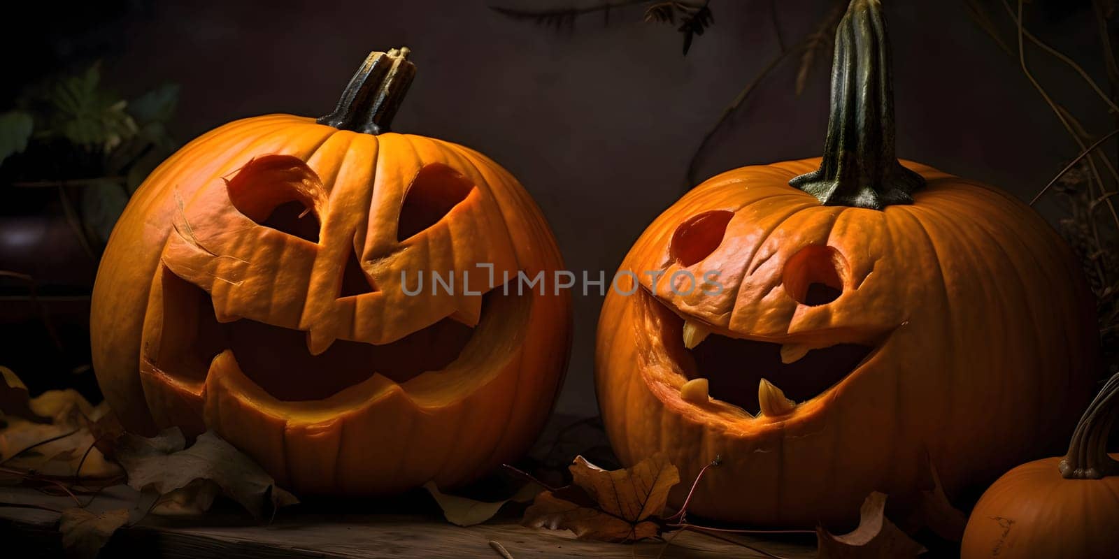 Two dark pumpkins, leaves all around, dark background, a Halloween image. Atmosphere of darkness and fear.
