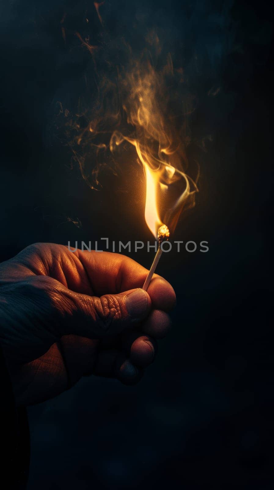 A mans hand holding Lit Match on dark background.