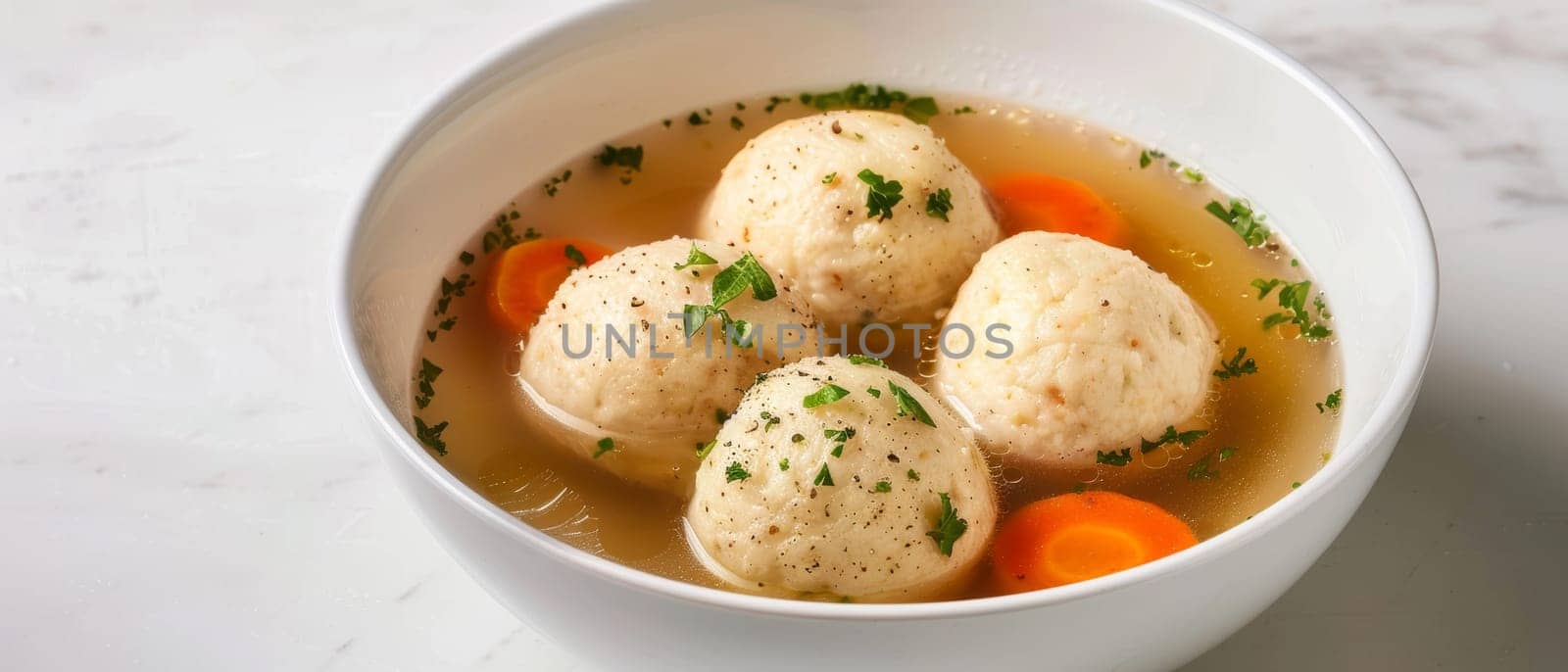 A warm bowl of matzo ball soup with three fluffy matzo balls, carrot slices, and fresh parsley on a marble surface. by sfinks
