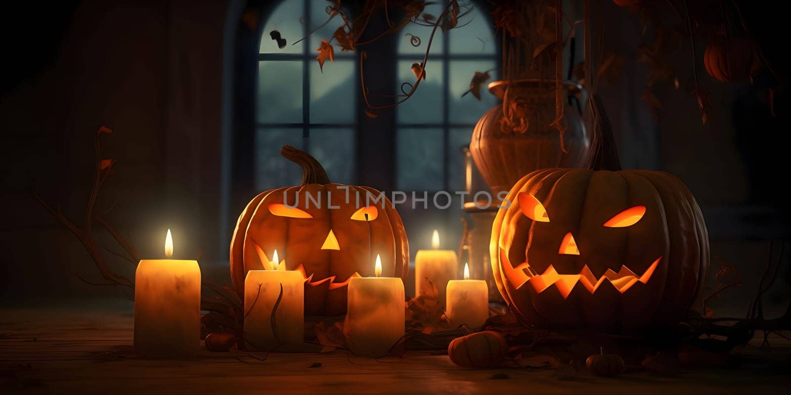 Two dark glowing pumpkins and burning candles in an abandoned house, a Halloween image. by ThemesS