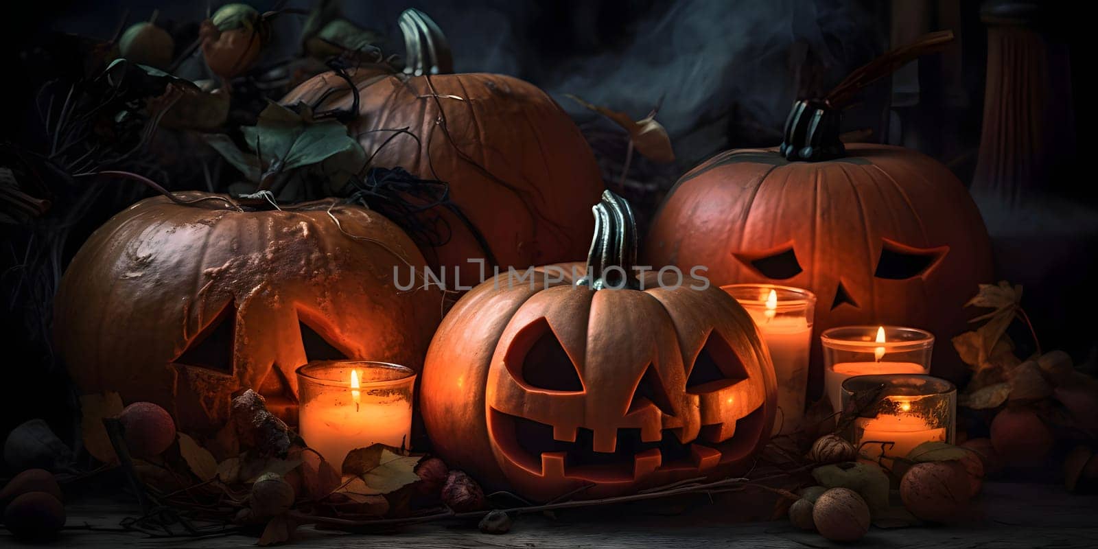 Four dark glowing pumpkins and burning candles in an abandoned house, a Halloween image. by ThemesS