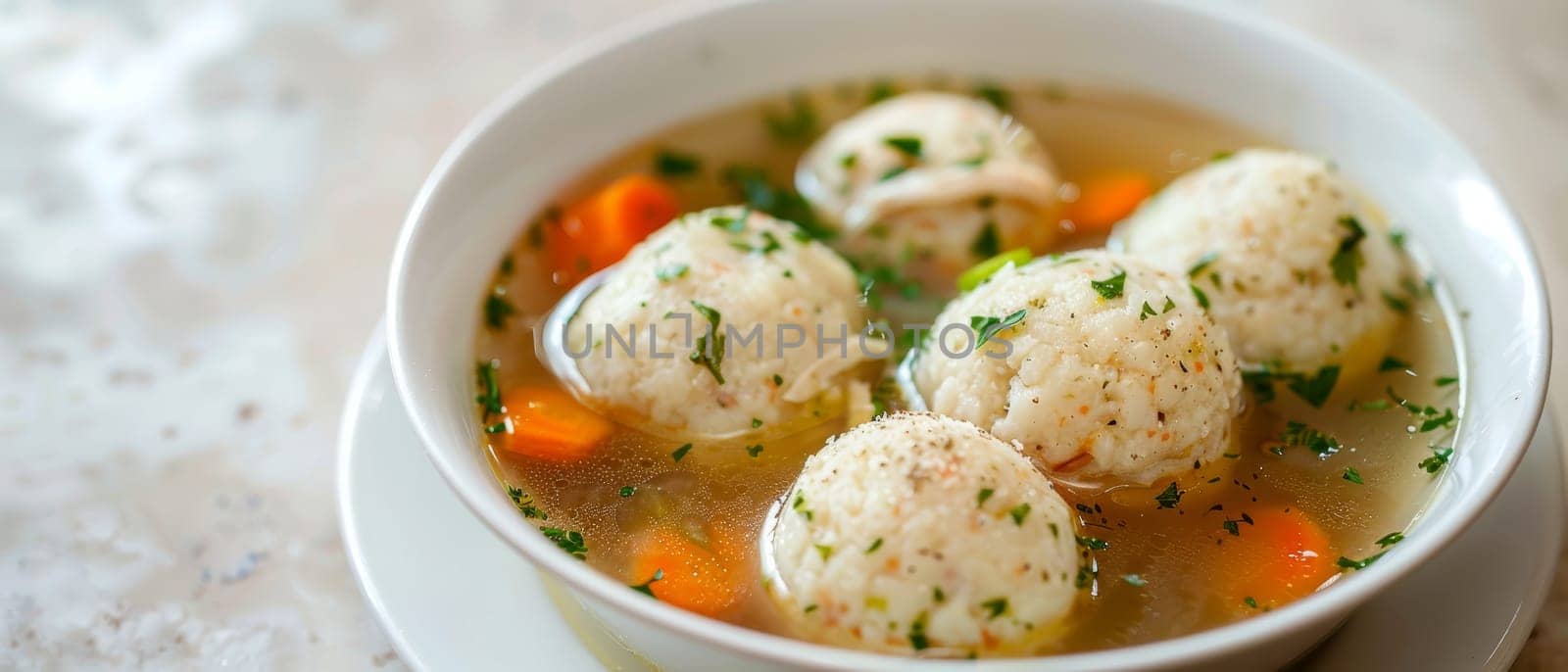 Comforting matzo ball soup with well-seasoned matzo balls, carrot pieces, and sprinkled herbs in a white ceramic bowl