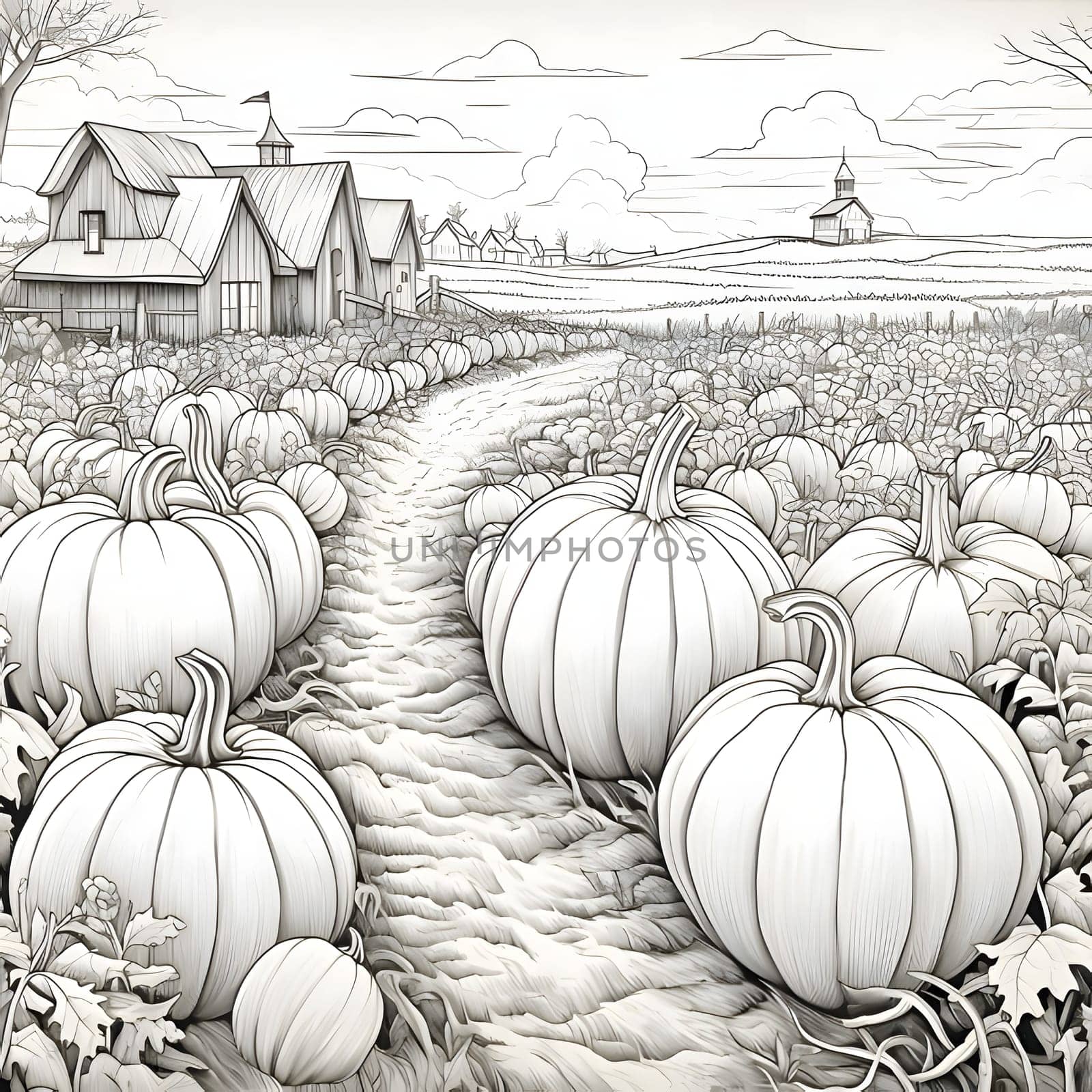 Fields with hundreds of pumpkins in the background of a farmhouse, Halloween black and white picture coloring book. by ThemesS