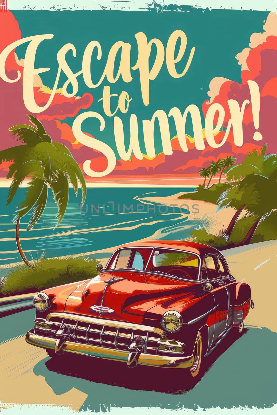 retro-inspired design featuring a classic car cruising down a scenic coastal highway with palmtrees. by Chawagen