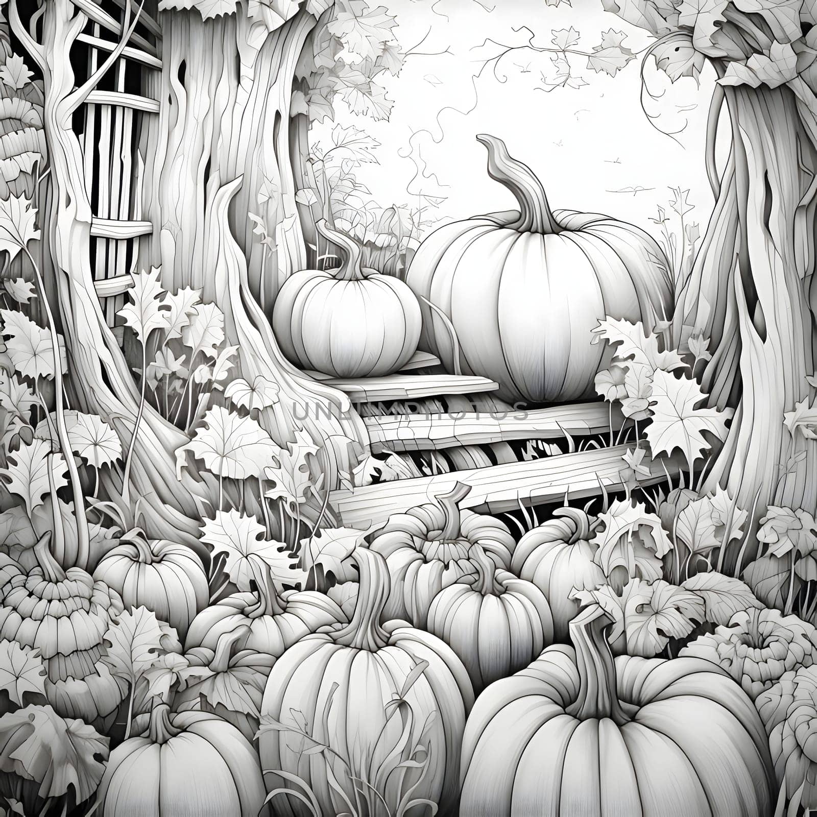 Lying in the field harvest of pumpkins, Halloween black and white picture coloring book. by ThemesS