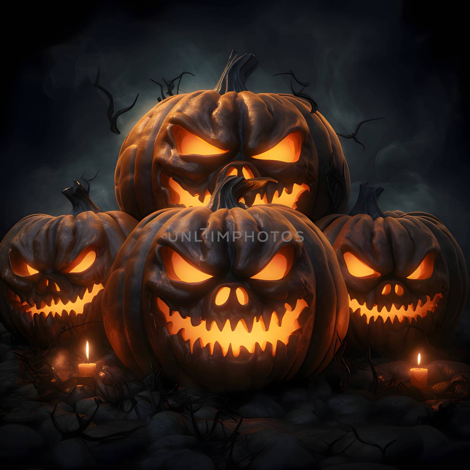 Four dark, glowing jack-o-lantern pumpkins on a dark background with smoke rising, a Halloween image. by ThemesS