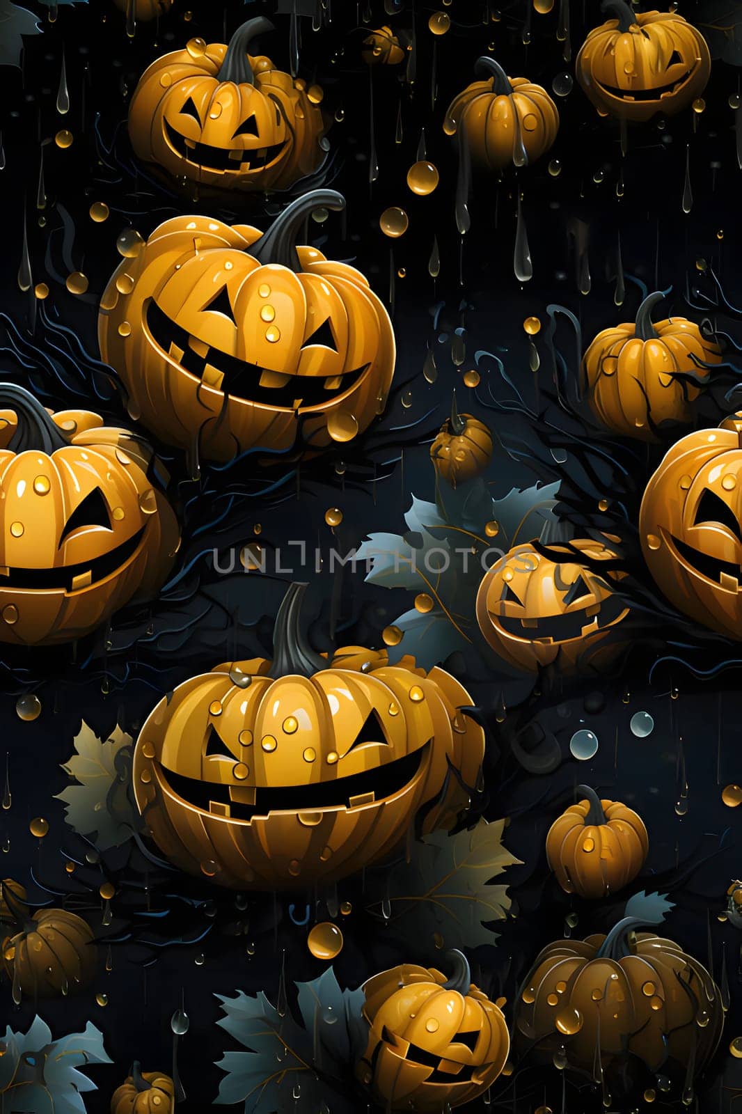 Elegant and modern. Jack-o-lantern pumpkins and rain as abstract background, wallpaper, banner, texture design with pattern - vector. Dark colors.