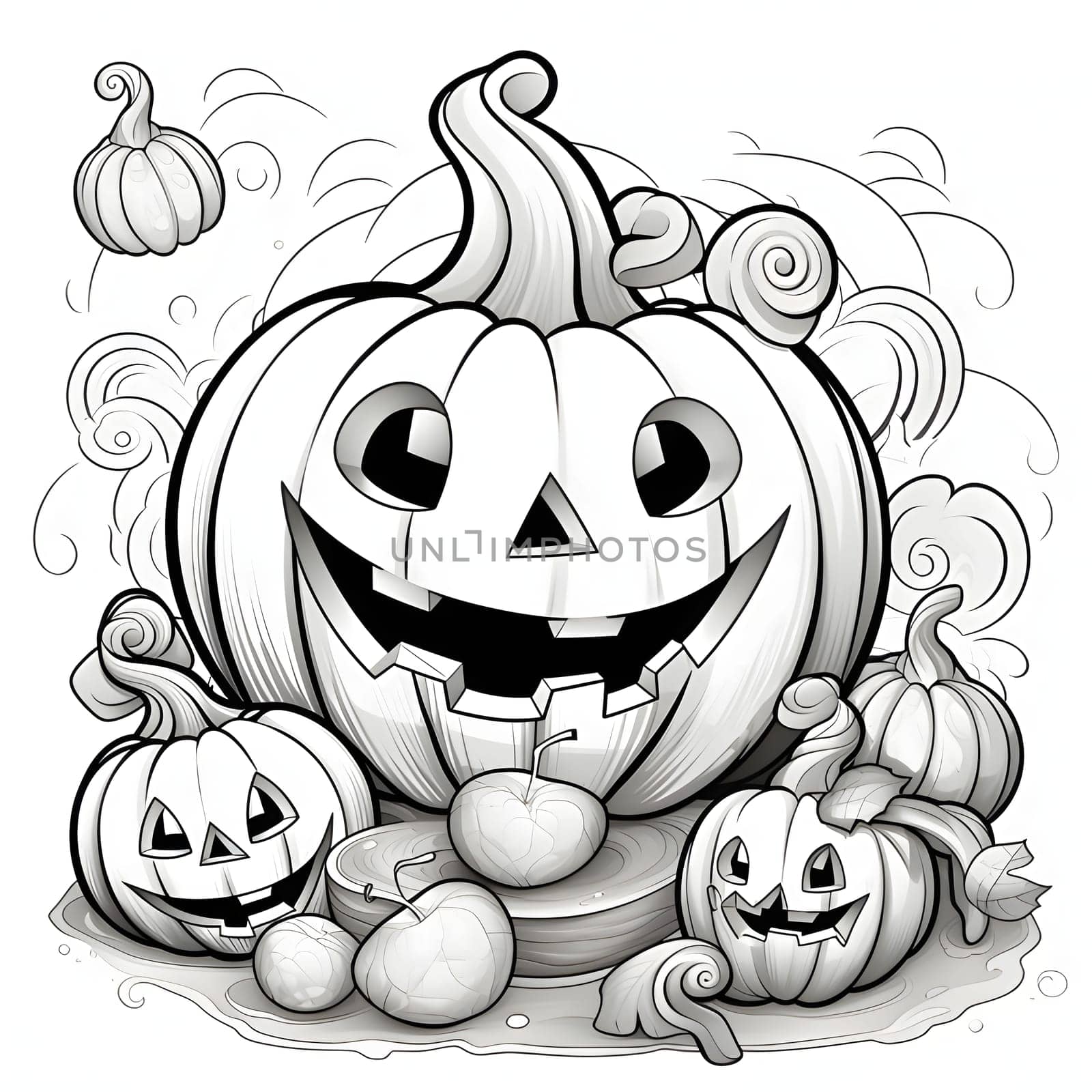 Three cheerful jack-o-lantern pumpkins and apples, Halloween black and white picture coloring book. Atmosphere of darkness and fear.
