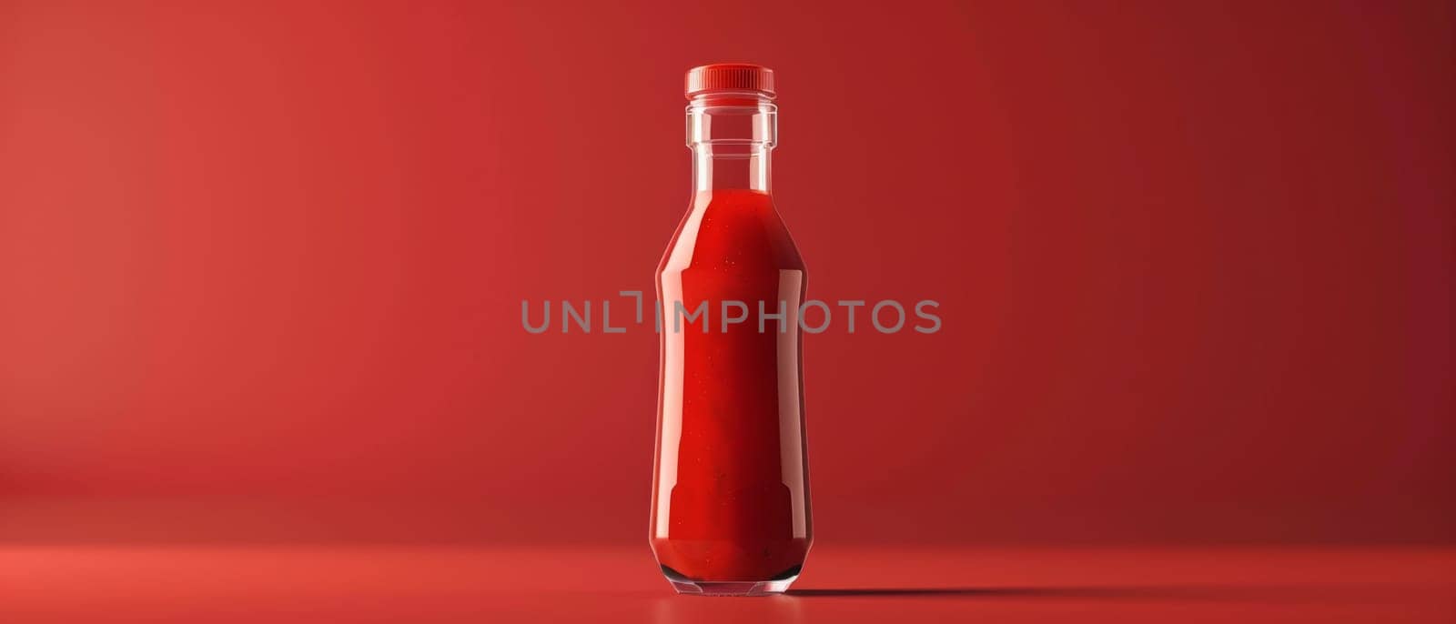 A single, sleek bottle filled with bright red ketchup stands against a vibrant red backdrop, emphasizing simplicity and cleanliness. by sfinks