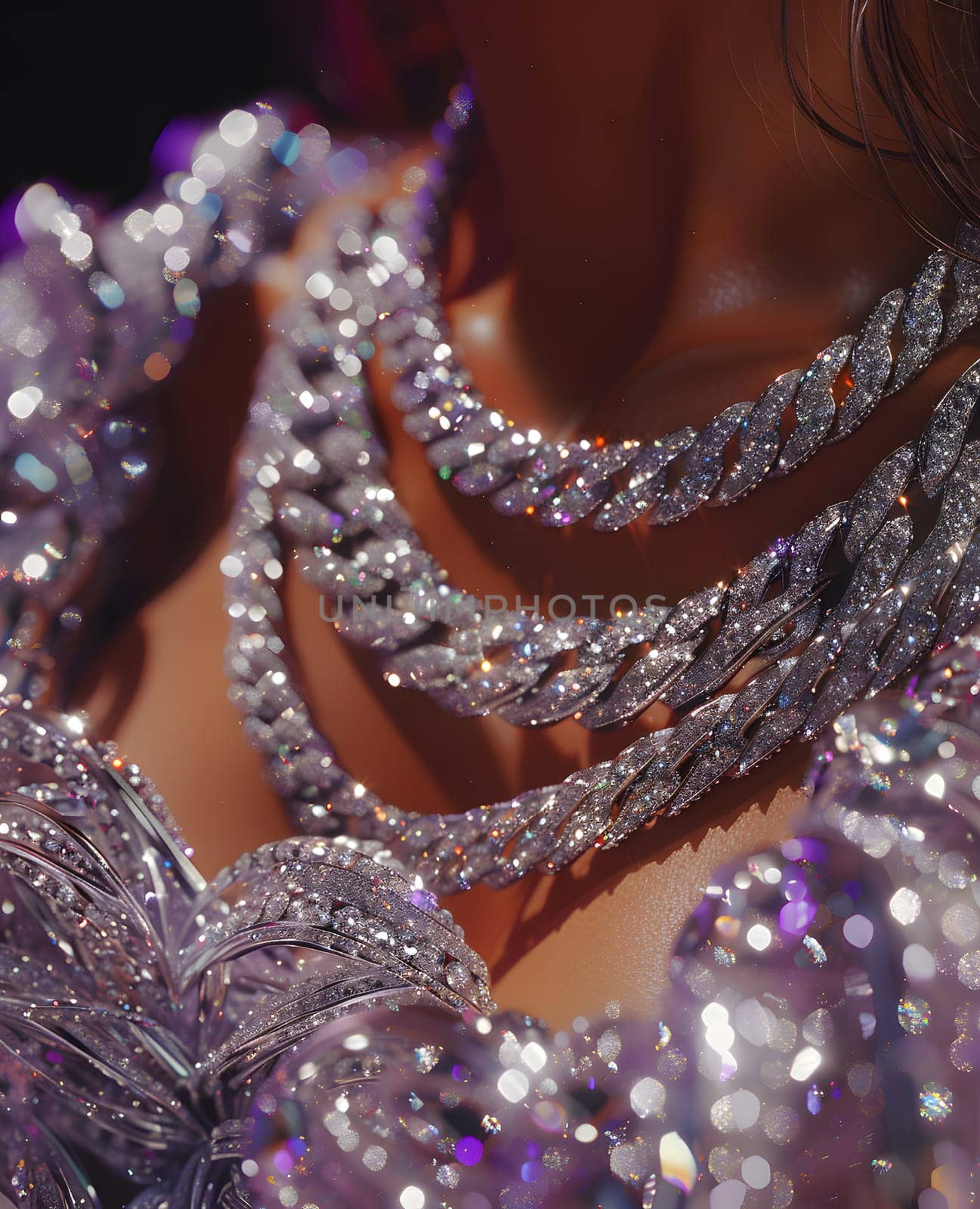 A close up of a woman adorned in purple and violet jewellery, with a statement necklace and earrings. Her hair accessory complements the embellishments, creating an artistic pattern at the event