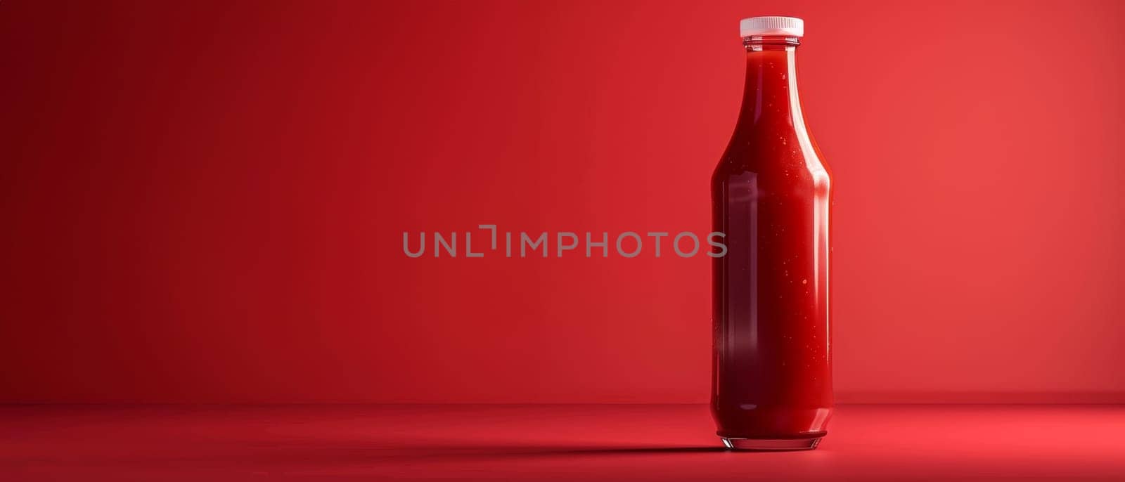 An elegantly designed transparent ketchup bottle full of red sauce, set on a matching red surface that highlights the products color