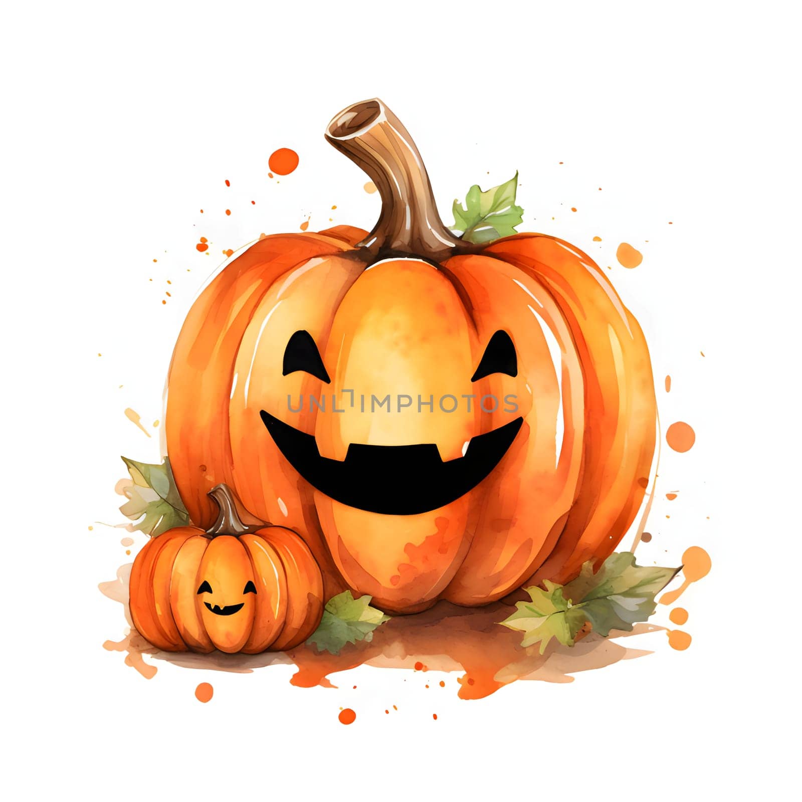 Happy painted with paints, watercolor jack-o-lantern pumpkins, Halloween image on a white isolated background. by ThemesS