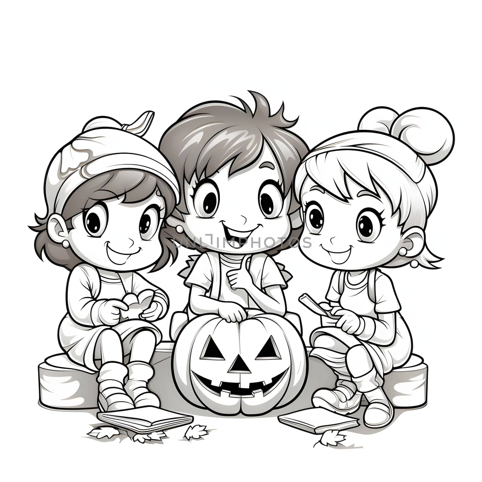 Three children with jack-o-lantern pumpkin, Halloween black and white picture coloring book. Atmosphere of darkness and fear.