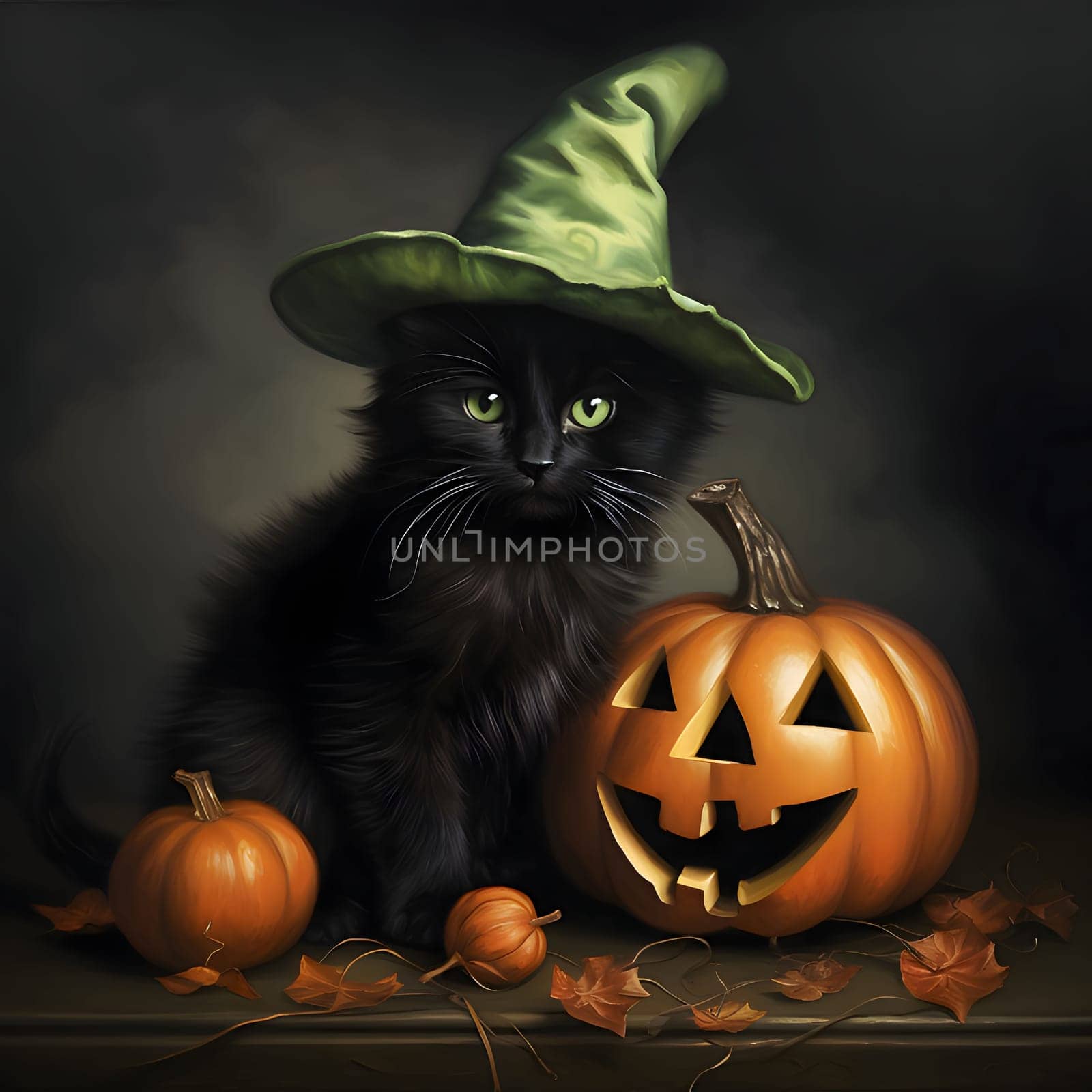 Black cat with green witch hat, next to it pumpkins dark smudged background., a Halloween image. Atmosphere of darkness and fear.