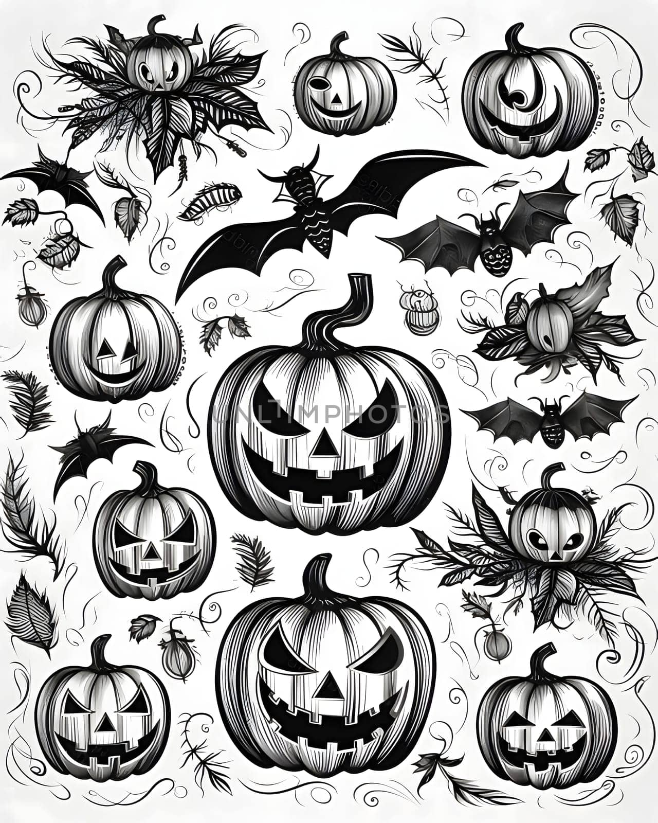 Black and white jack-o-lantern pumpkins and bats as abstract background, wallpaper, banner, texture design with pattern - vector. by ThemesS