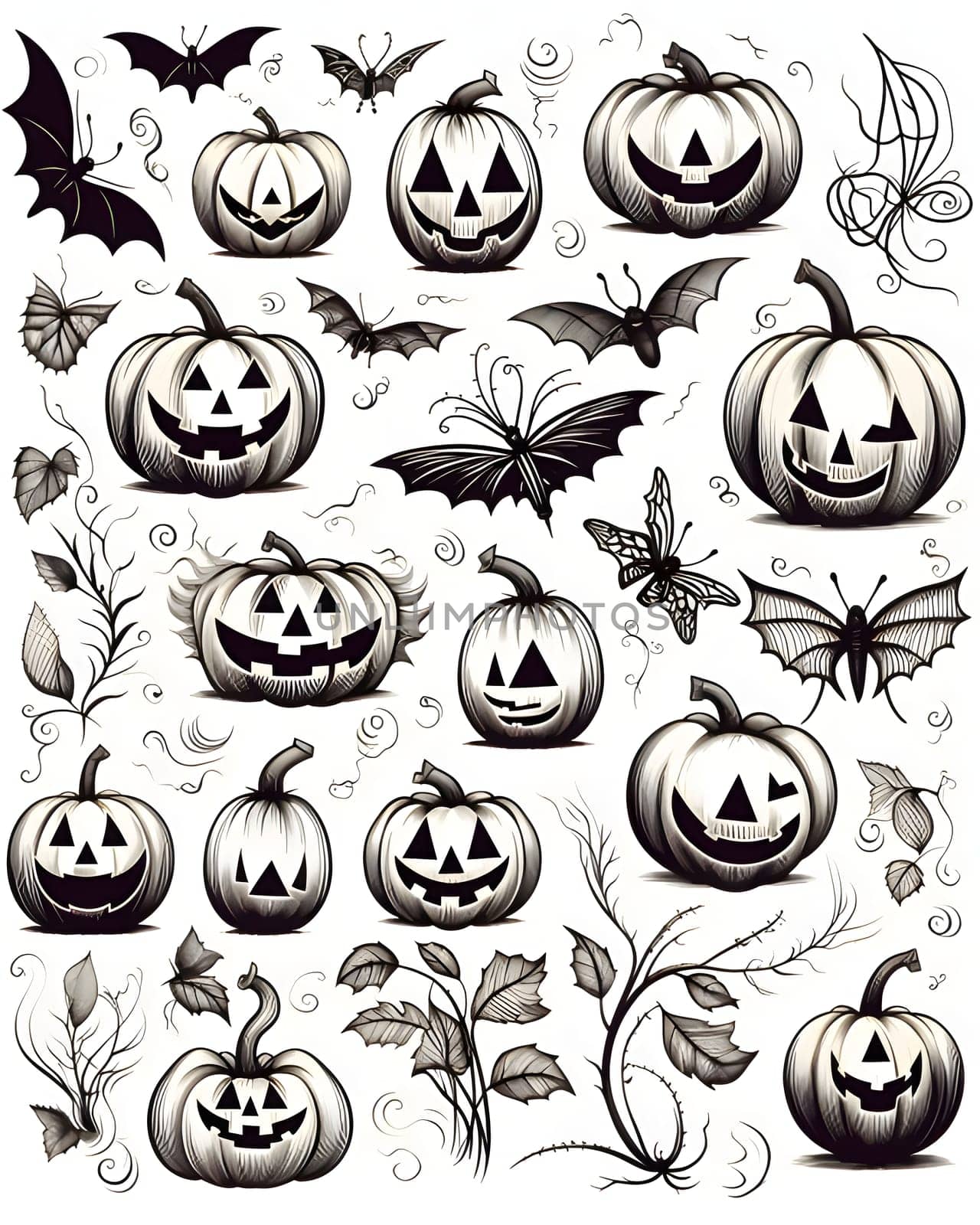Black and white jack-o-lantern pumpkins and bats as abstract background, wallpaper, banner, texture design with pattern - vector. by ThemesS