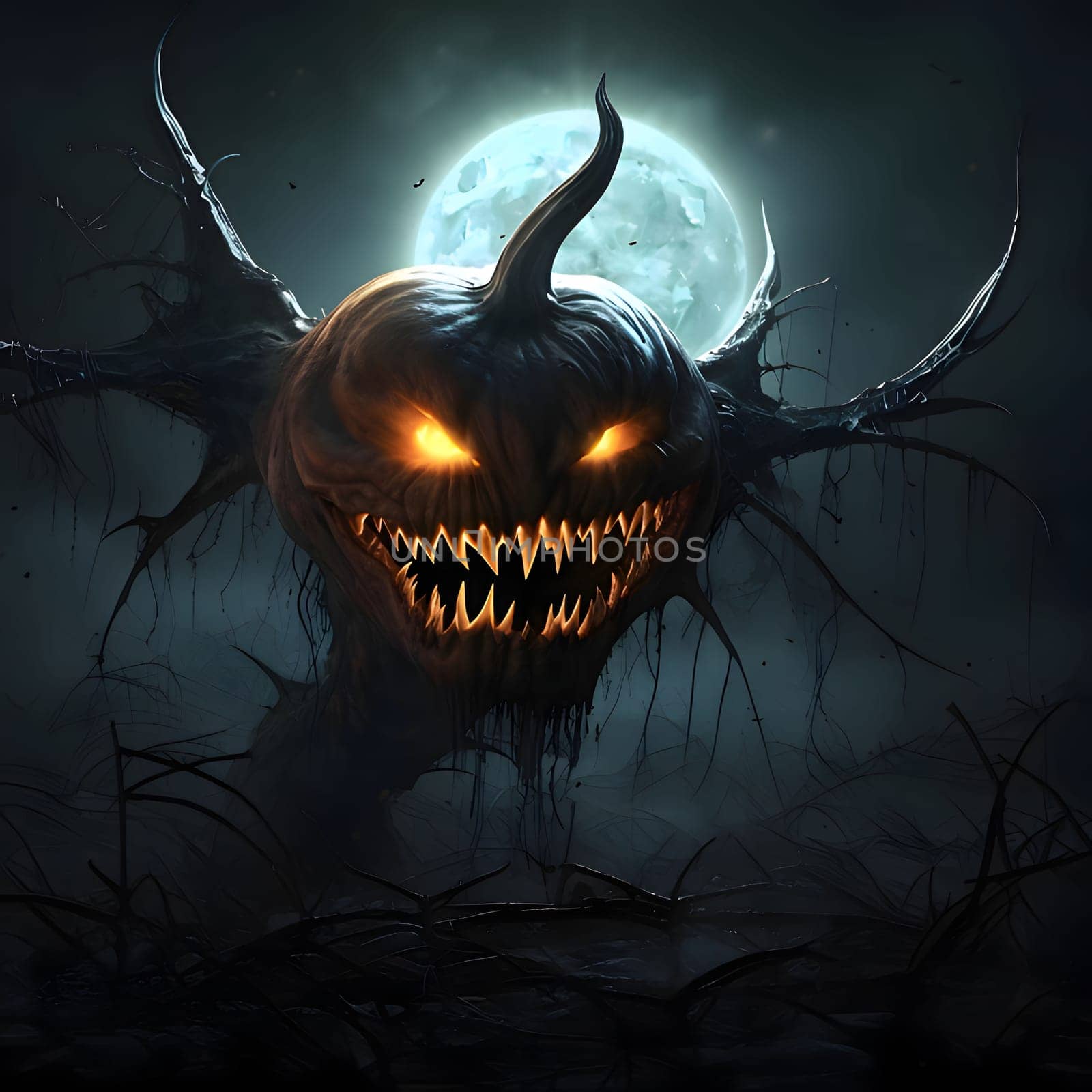 Monstrous pumpkin as monster on black gray background of conflagration and full moon, a Halloween image. Atmosphere of darkness and fear.