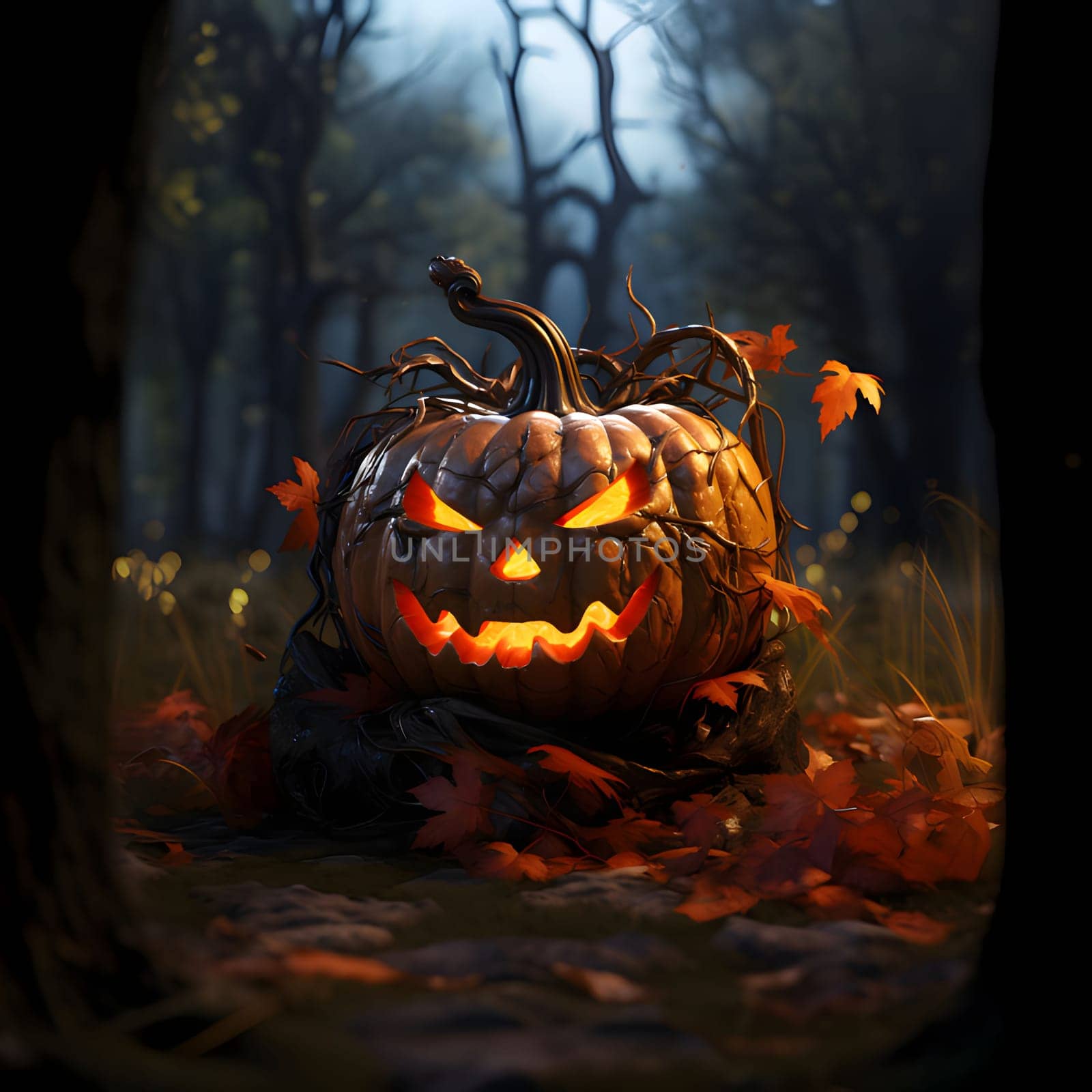 Glowing jack-o-lantern pumpkin entwined with thorns around leaves in a dark forest, a Halloween image. Atmosphere of darkness and fear.