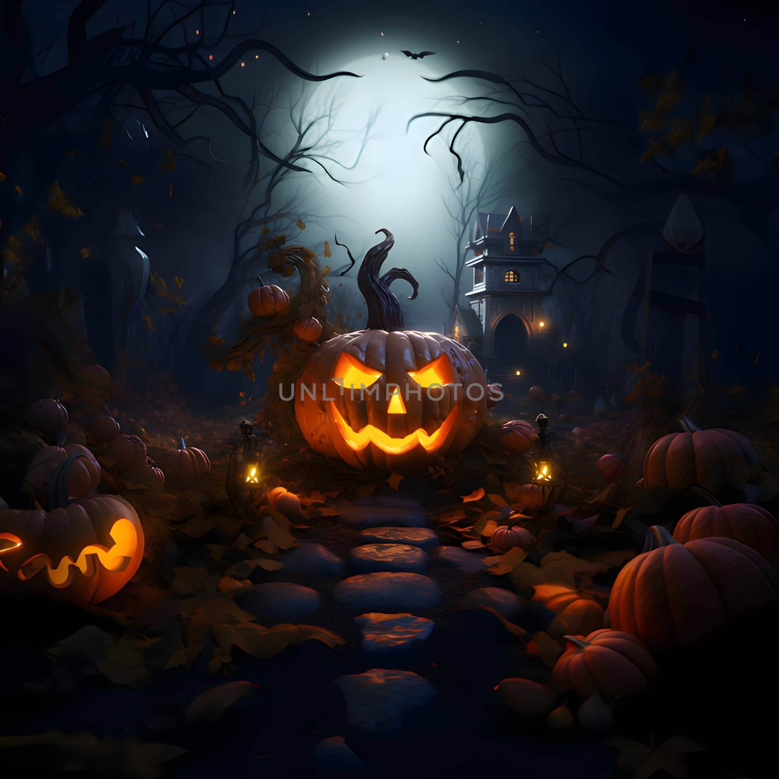 Glowing jack-o-lantern pumpkin entwined with thorns around leaves in a dark forest, a Halloween image. Atmosphere of darkness and fear.