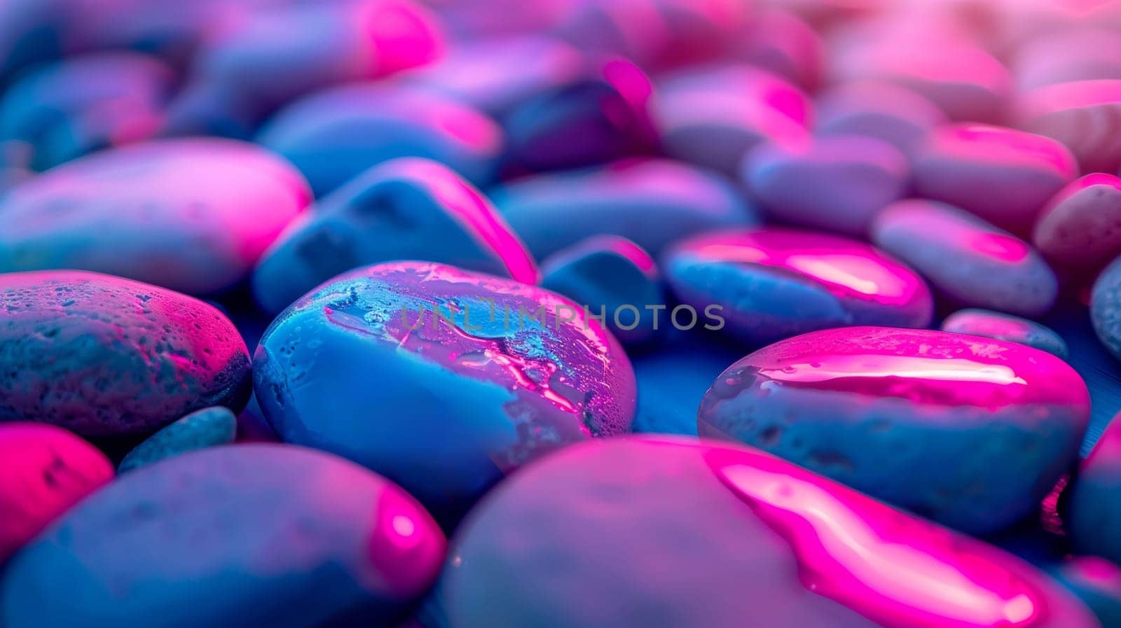 Colorful pebbles with neon lighting.