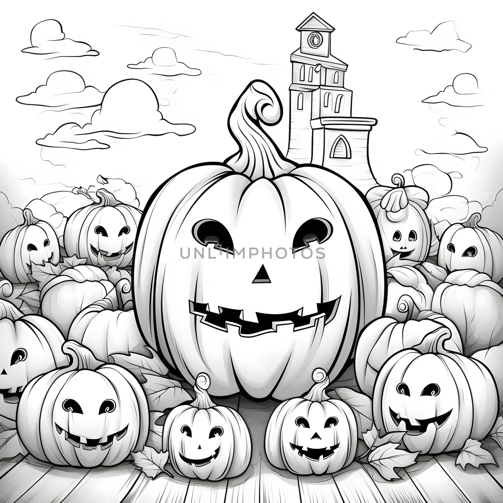 Large jack-o-lantern pumpkin, around smaller ones in the background building, Halloween black and white picture coloring book. Atmosphere of darkness and fear.