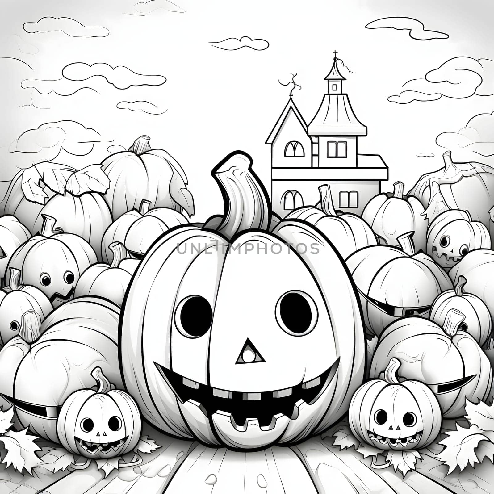 Large jack-o-lantern pumpkin, around smaller ones in the background building, Halloween black and white picture coloring book. by ThemesS