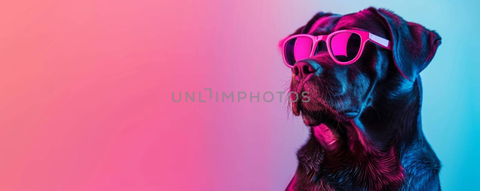 Black dog wearing pink sunglasses against a neon pink and blue background by Anastasiia