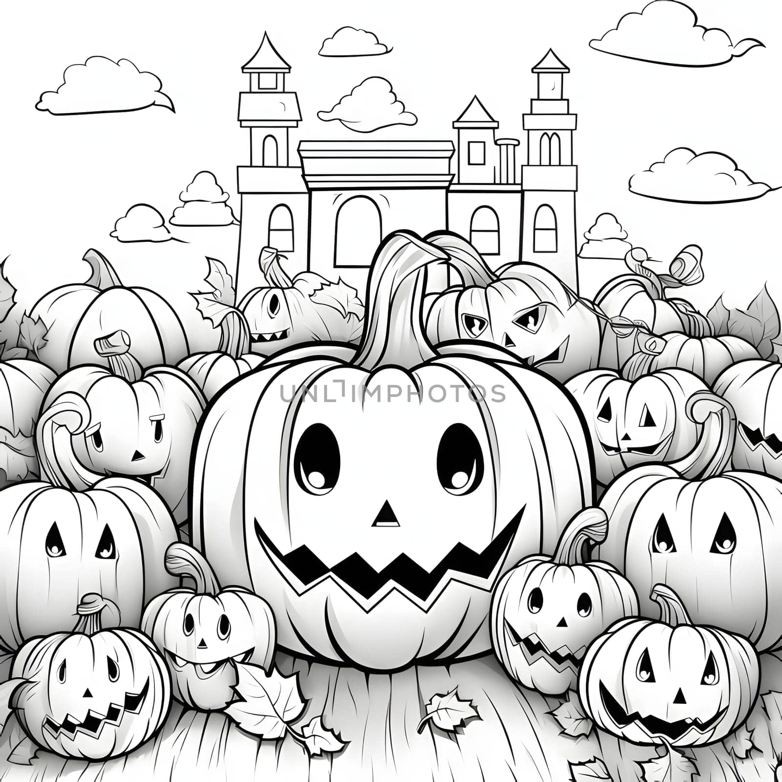 Large jack-o-lantern pumpkin, around smaller ones in the background building, Halloween black and white picture coloring book. Atmosphere of darkness and fear.