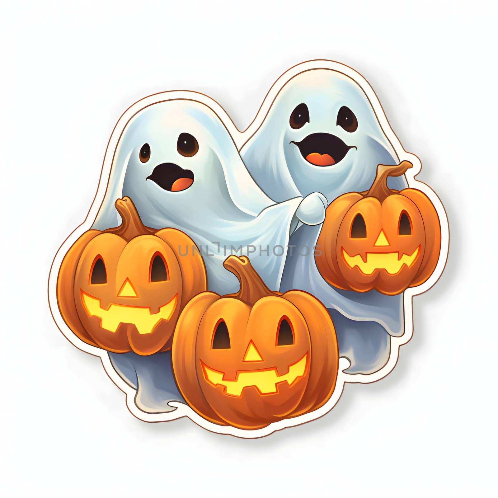 Sticker two ghosts and three glowing jack-o-lantern pumpkins, Halloween image on a white isolated background. by ThemesS