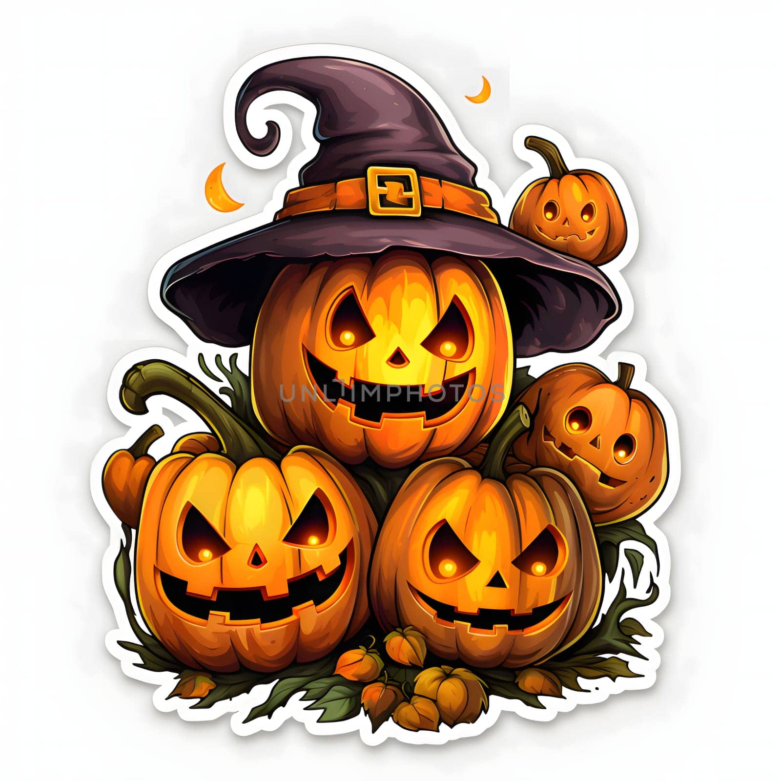 Sticker five jack-o-lantern pumpkins with glowing eyes one in a witch hat, Halloween image on a white isolated background. by ThemesS