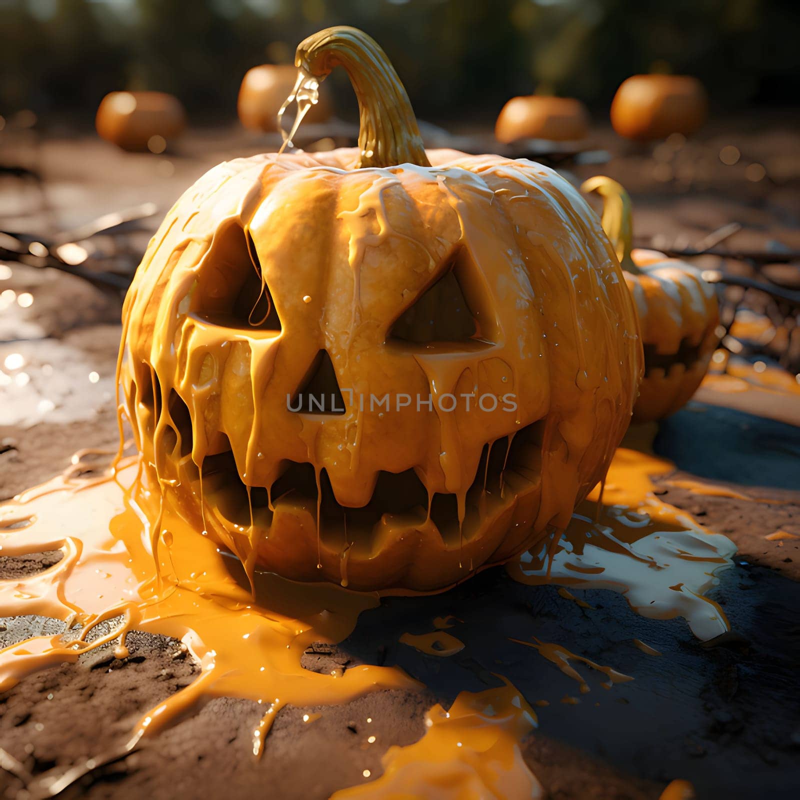 A paint-covered, dark jack-o-lantern pumpkin, a Halloween image. Atmosphere of darkness and fear.