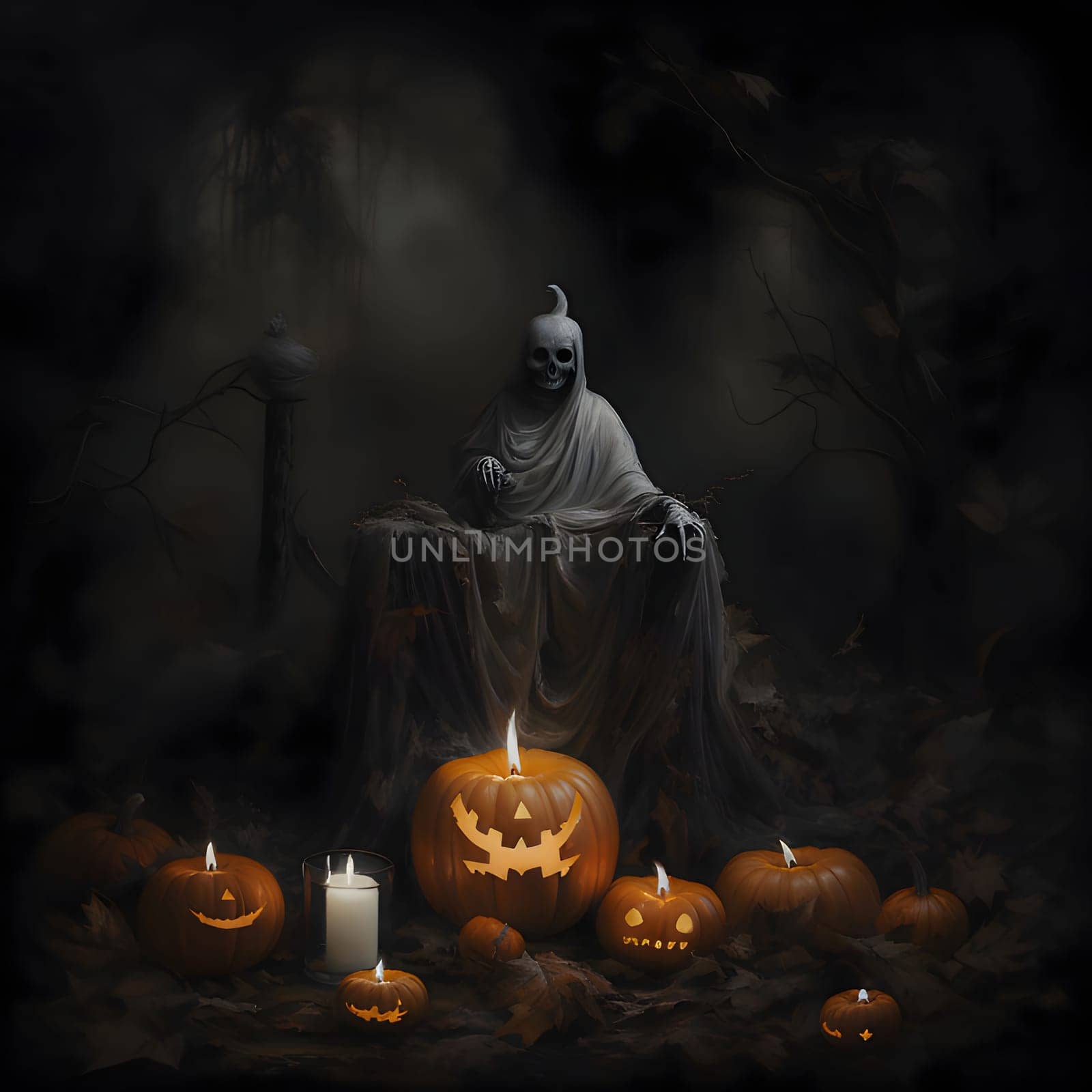 Dark statue and burning candle-pumpkins, a Halloween image. Atmosphere of darkness and fear.