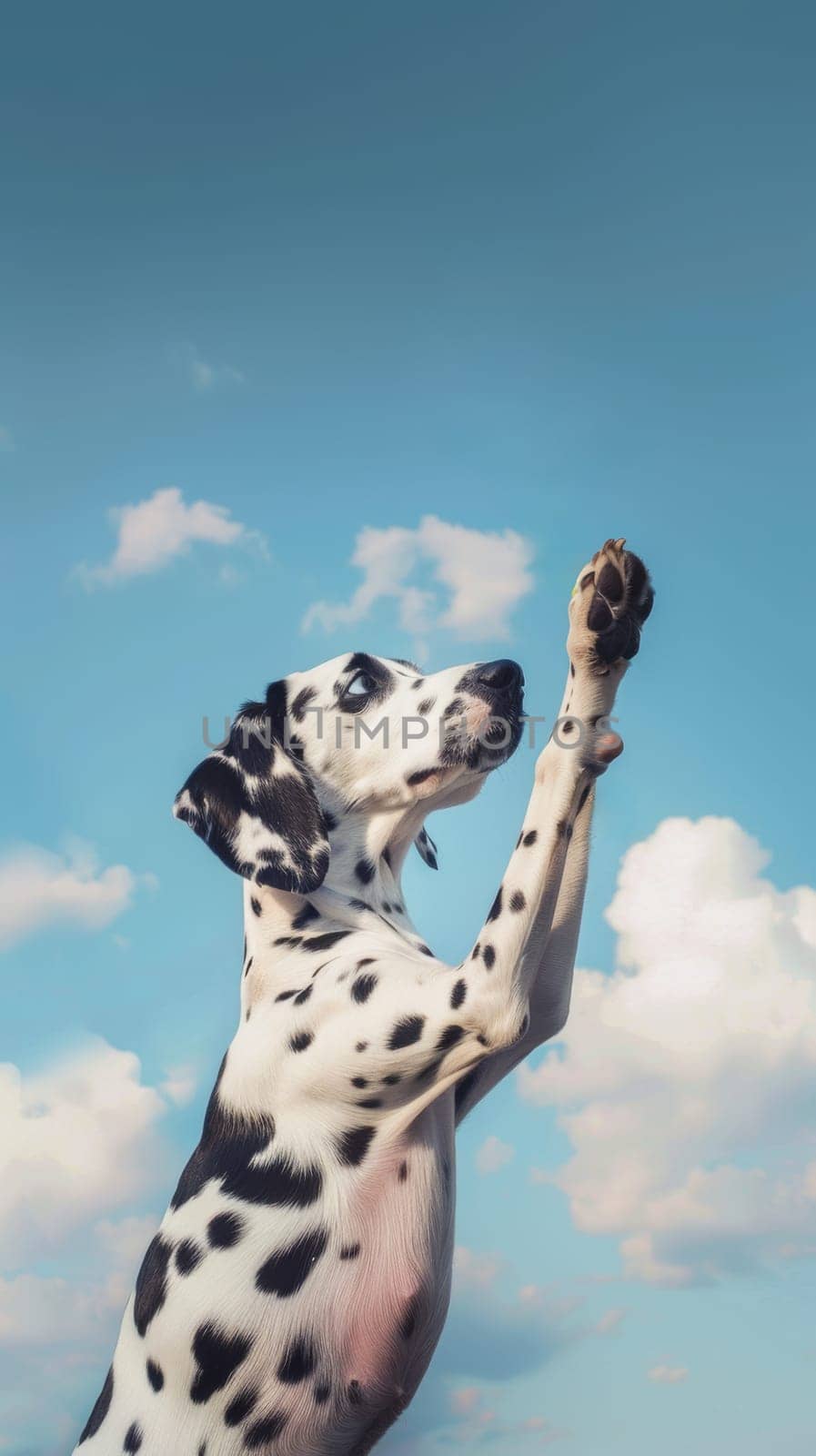 Dalmatian Dog Raising Paw Against a Blue Sky Background.