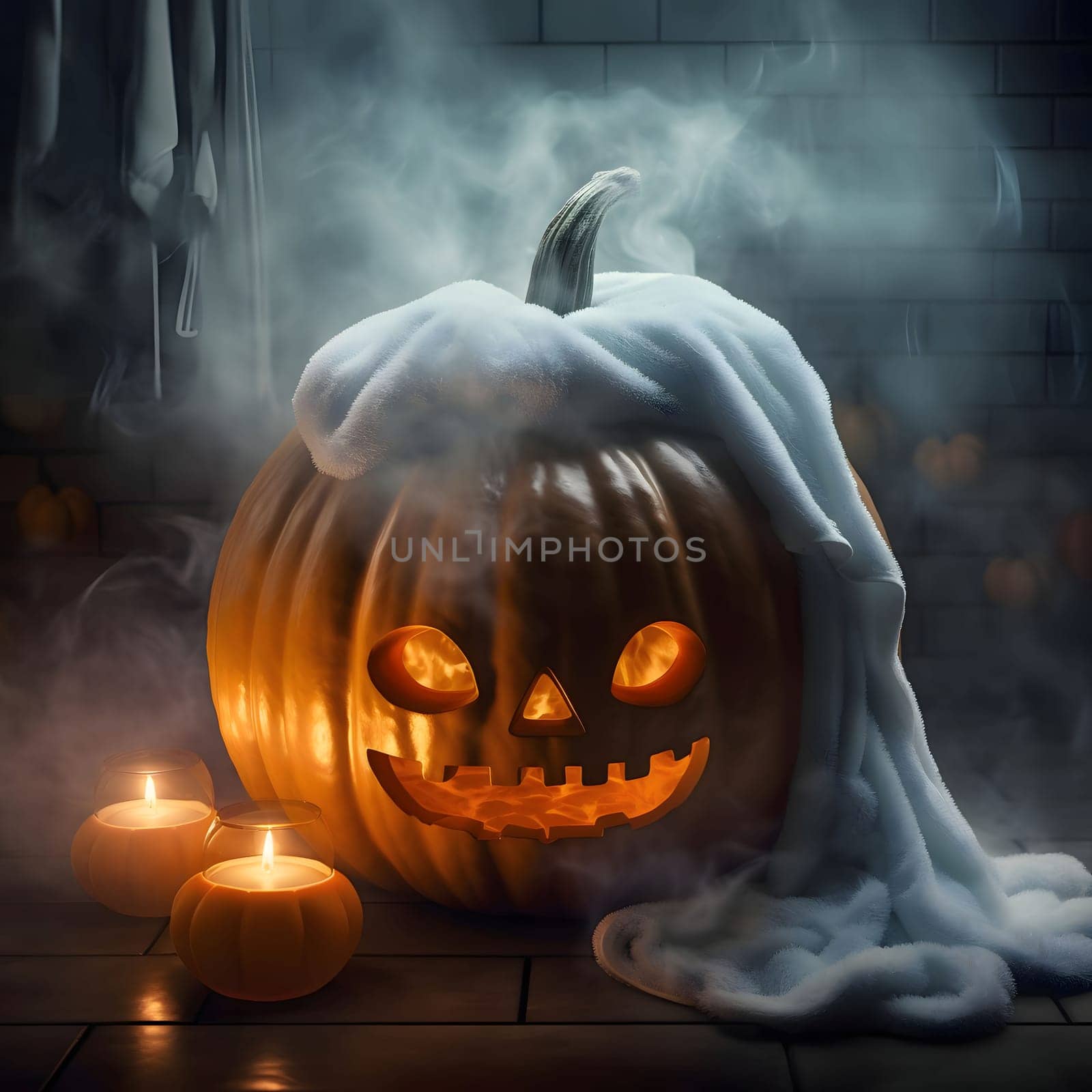 Dark pumpkin with towel smoke all around, glowing pumpkin candles, a Halloween image. Atmosphere of darkness and fear.
