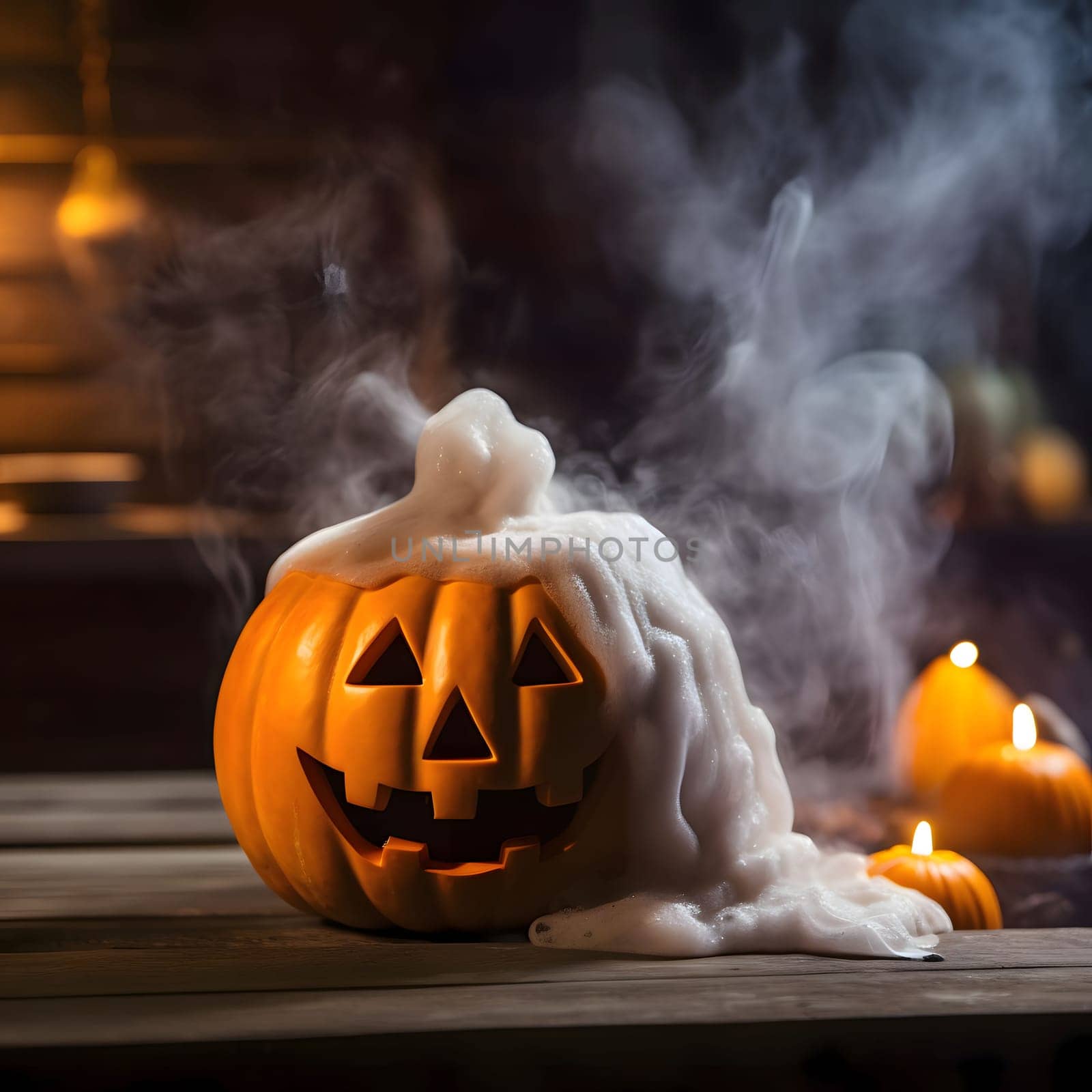 Dark pumpkin with foam in the background glowing candles and rising smoke, a Halloween image. Atmosphere of darkness and fear.