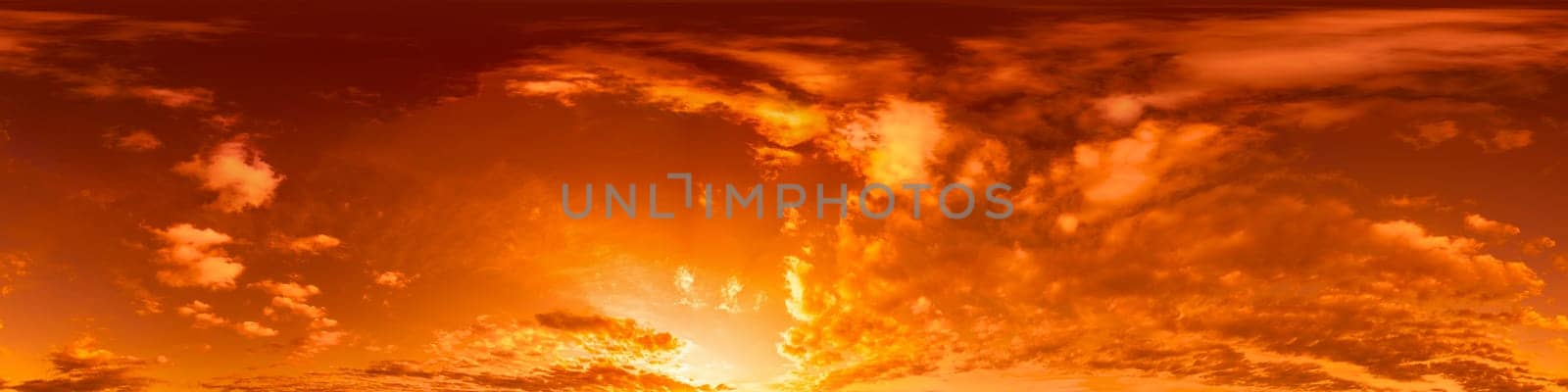 Golden glowing red orange overcast sunset sky 360 hdr panorama. Seamless spherical equirectangular panorama. Sky dome or zenith for 3D visualization and sky replacement for aerial drone 360 panoramas. by Matiunina