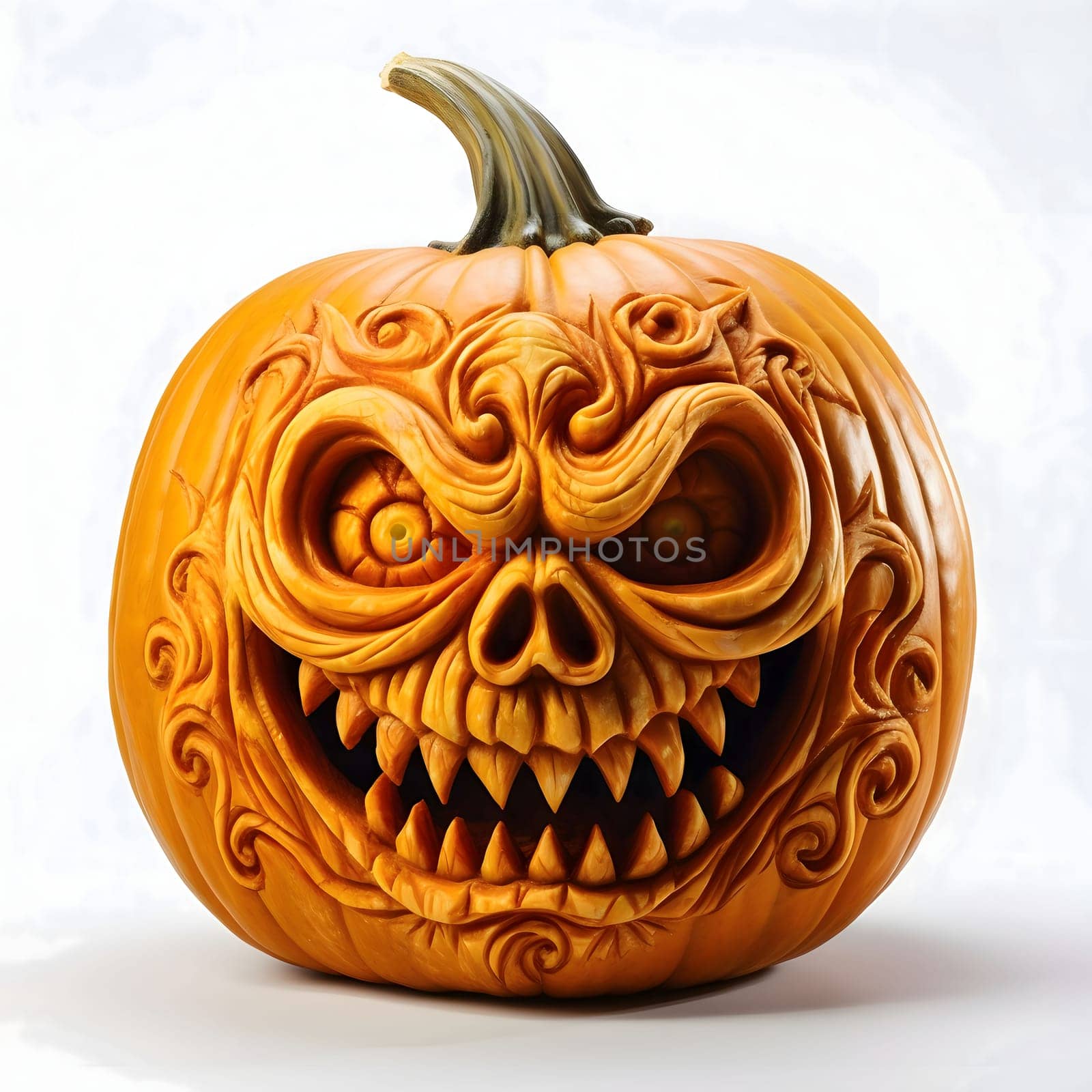 A sinister pumpkin with big teeth and shaken eyes, Halloween image on a white isolated background. Atmosphere of darkness and fear.