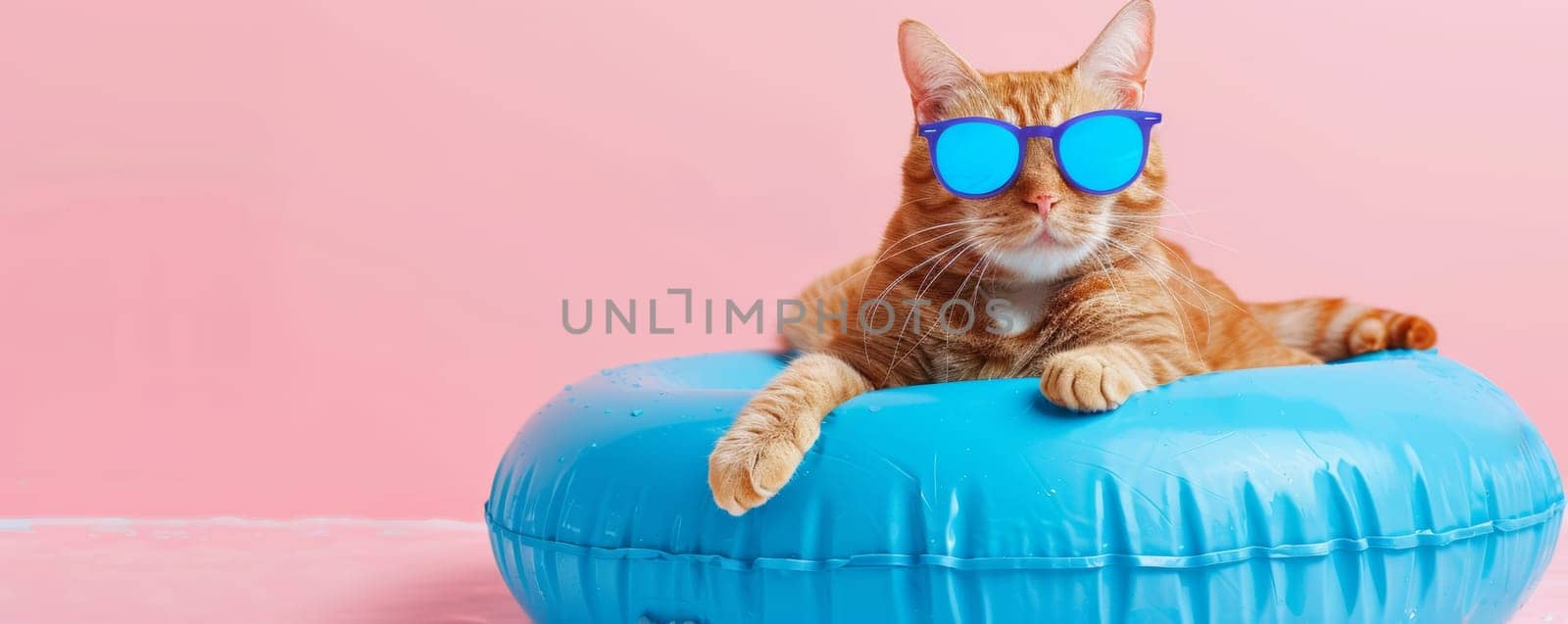Ginger cat wearing blue sunglasses on a blue inflatable ring.
