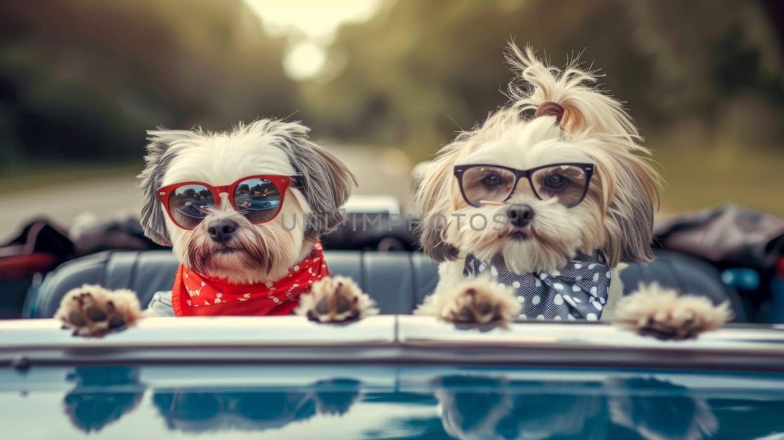 Two Dogs Wearing Sunglasses Sitting in a Car.