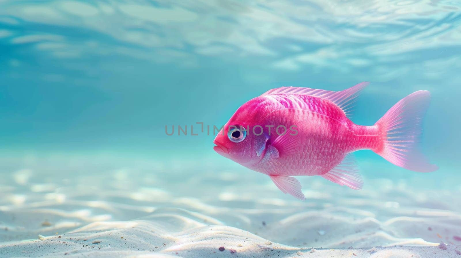 Pink fish swimming near sandy ocean floor.