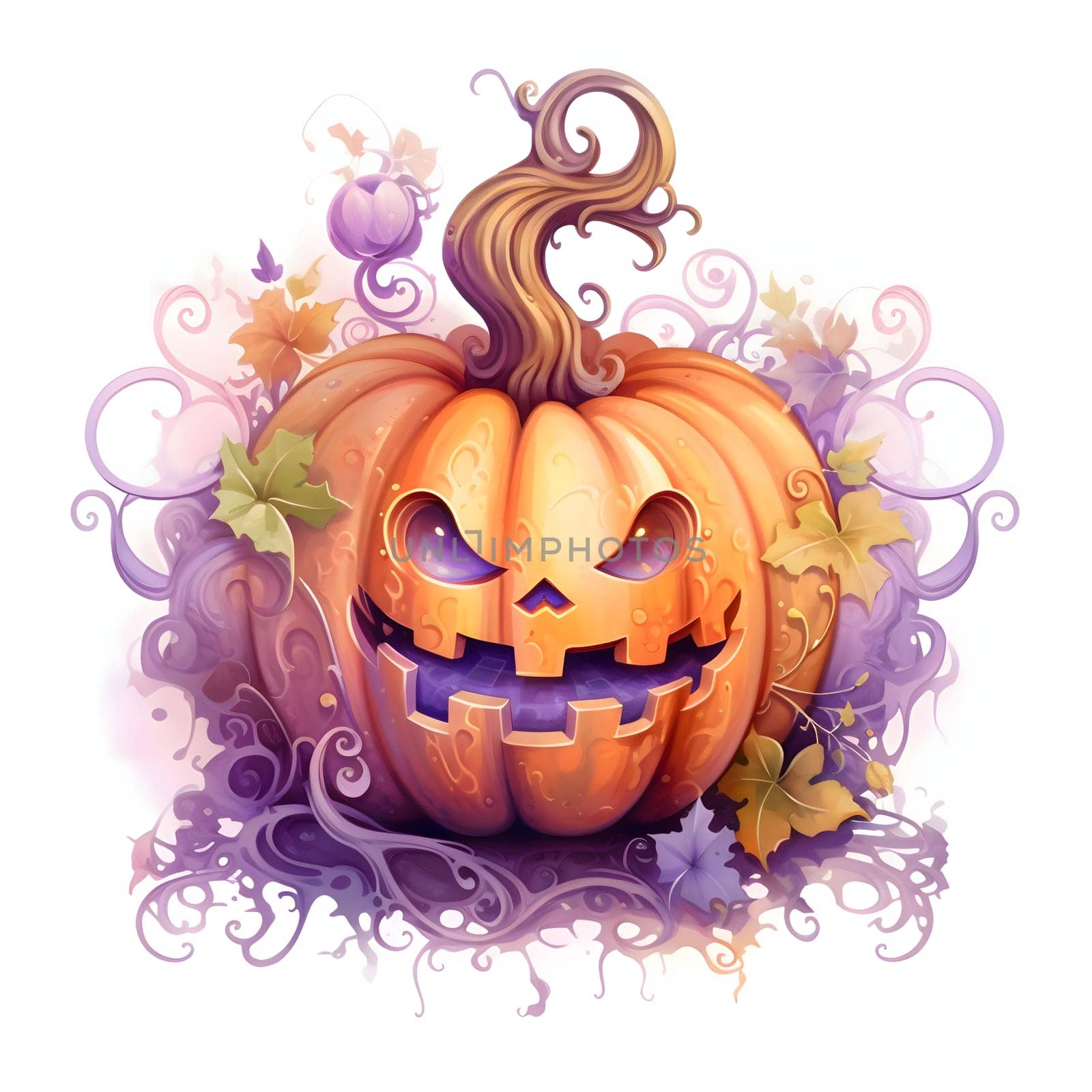 Smiling fairy pumpkin with pink vines, Halloween image on a white isolated background. Atmosphere of darkness and fear.