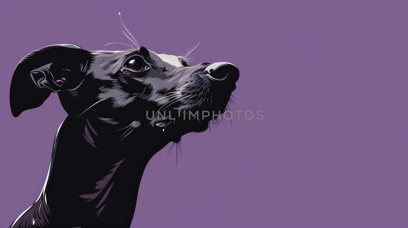 Close up of a black dog on purple background.