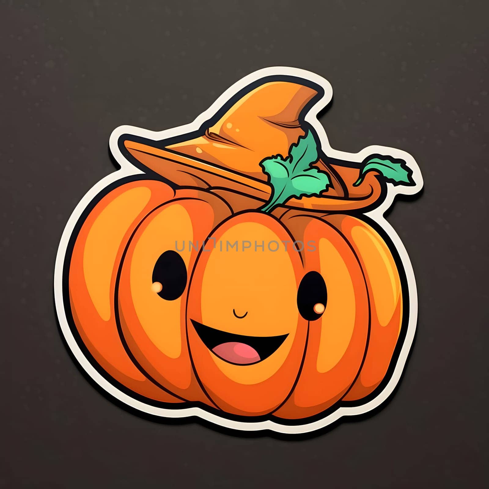 Sticker happy smiling jack-o-lantern pumpkin with hat, Halloween image on a dark isolated background. by ThemesS