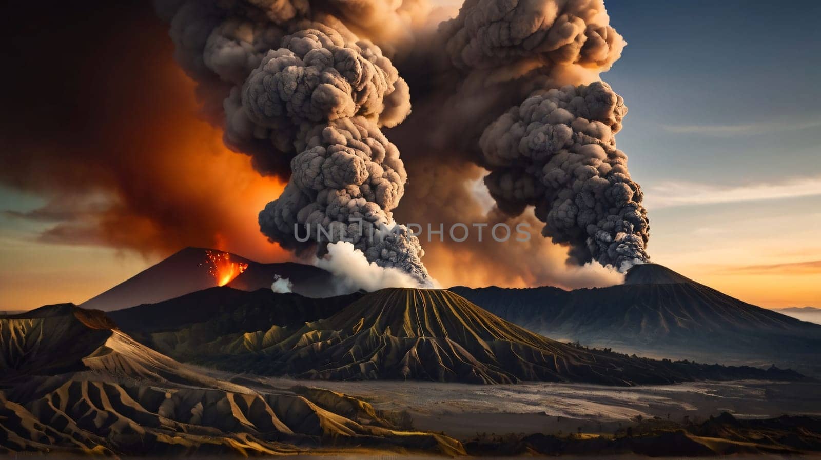 ancient volcano eruption with giant ash cloud and burst of molten lava, volcano eruption with massive high bursts of lava and hot clouds soaring high into the sky, pyroclastic flow by antoksena