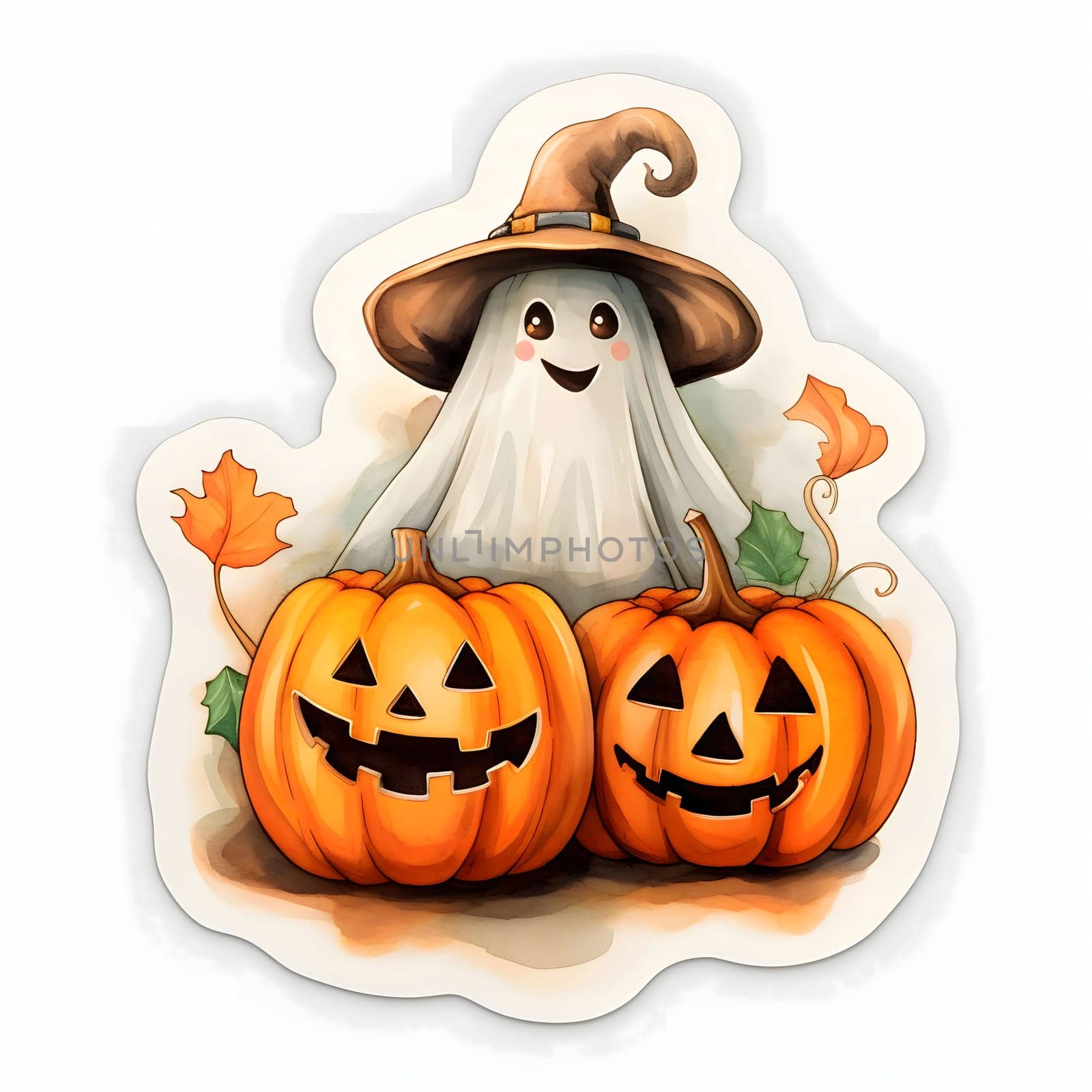 Sticker of jack-o-lantern pumpkin and a ghost in a hat, Halloween image on a white isolated background. by ThemesS