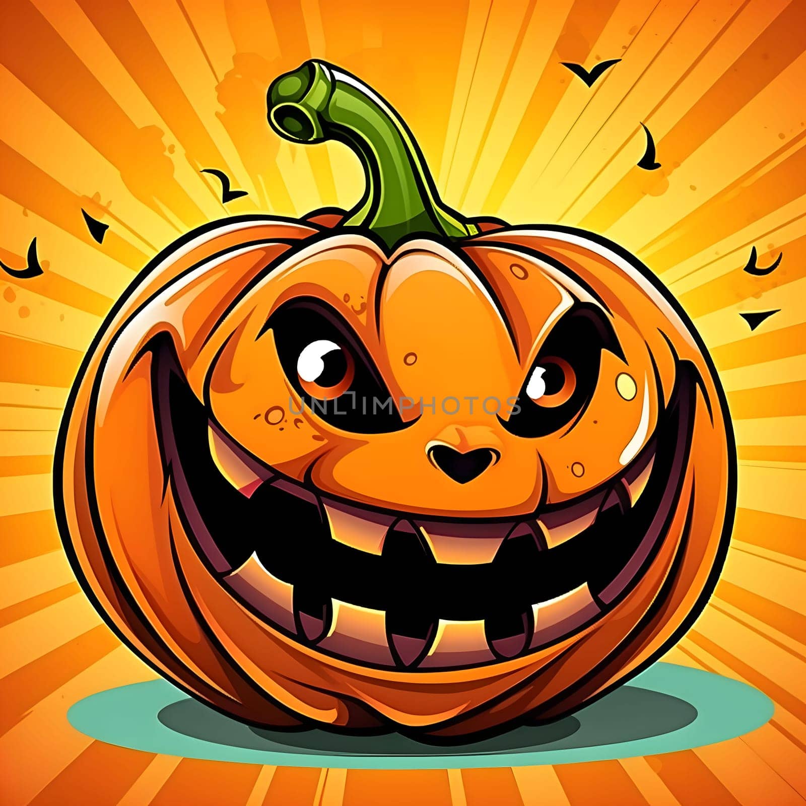 Sinister jack-o-lantern pumpkin with a dark smile on a bright radiant background, a Halloween image. Atmosphere of darkness and fear.
