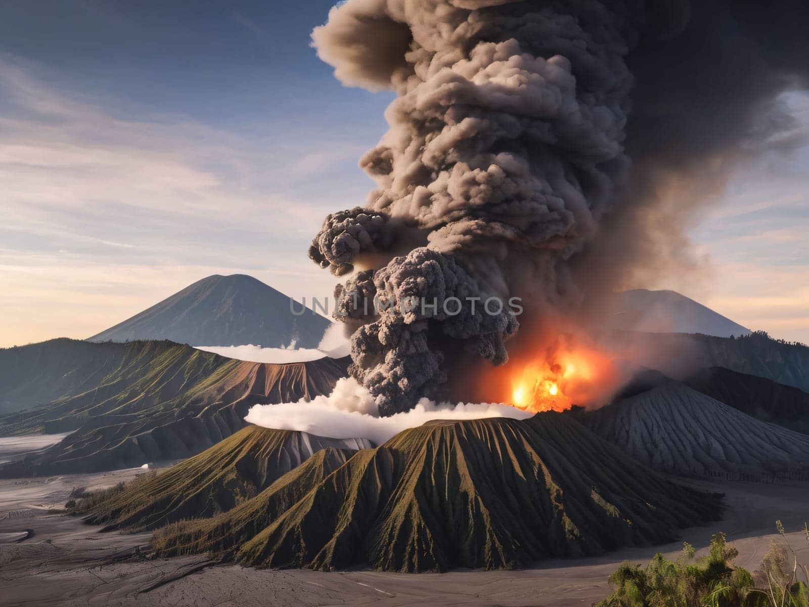 ancient volcano eruption with giant ash cloud and burst of molten lava, volcano eruption with massive high bursts of lava and hot clouds soaring high into the sky, pyroclastic flow in the crust of earth